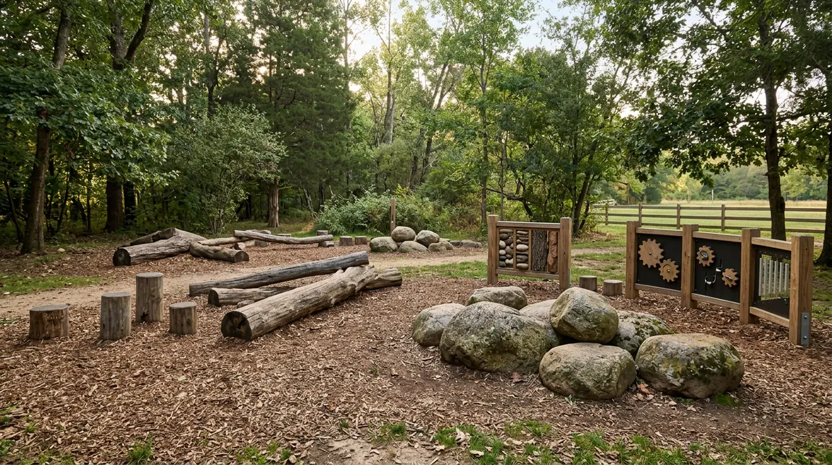 A nature play area with logs, boulders and sensory panels at a park, soft light, empty