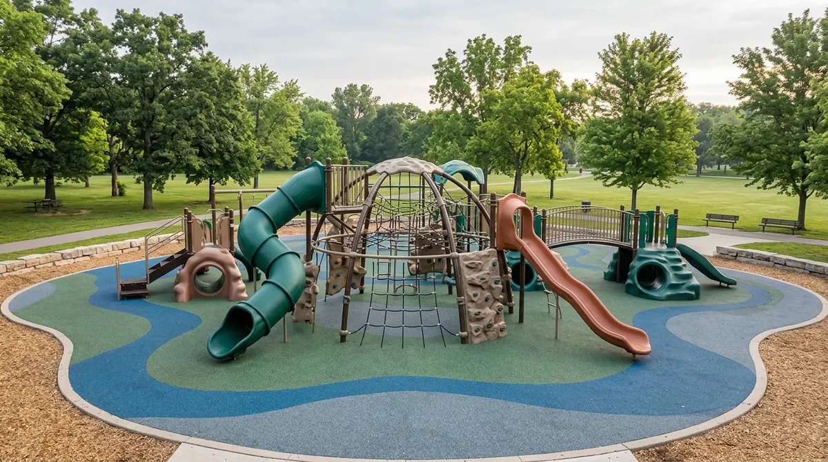 A sculpted commercial play structure with a climbing dome and slides at a park, soft light, empty