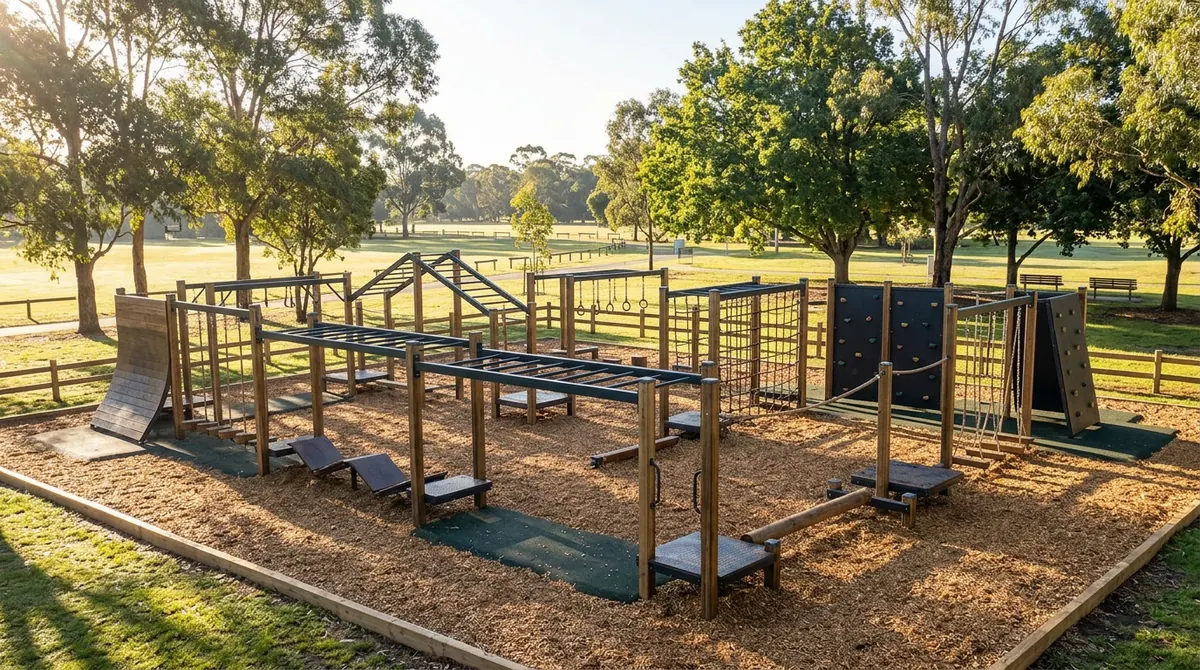 An outdoor fitness and ninja style adventure course at a park, bright morning light, empty