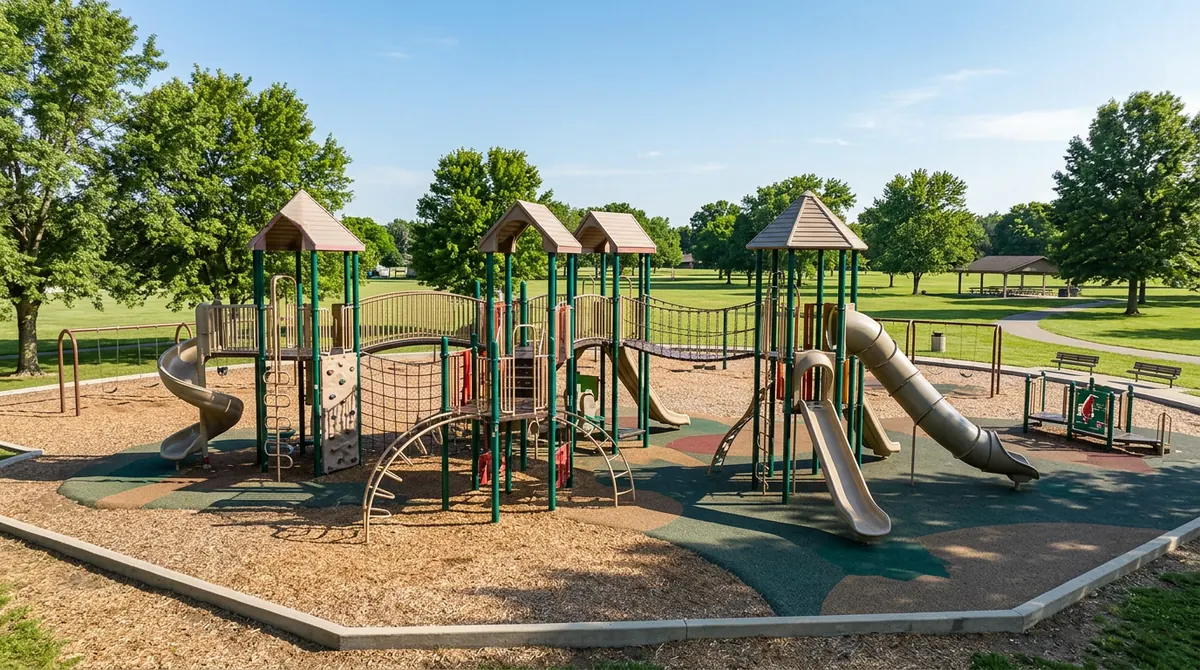 A big commercial play system with climbers, bridges and slides at a community park, sunny, empty