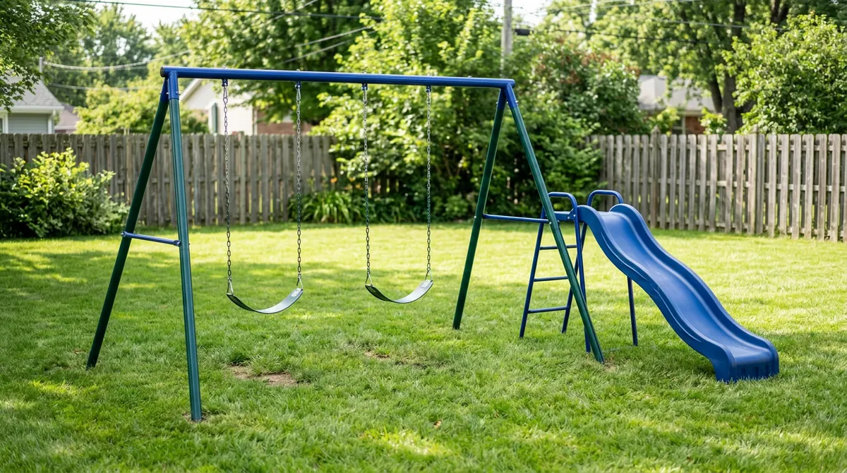 A powder-coated metal swing set with two swings and a slide on a green lawn in bright light