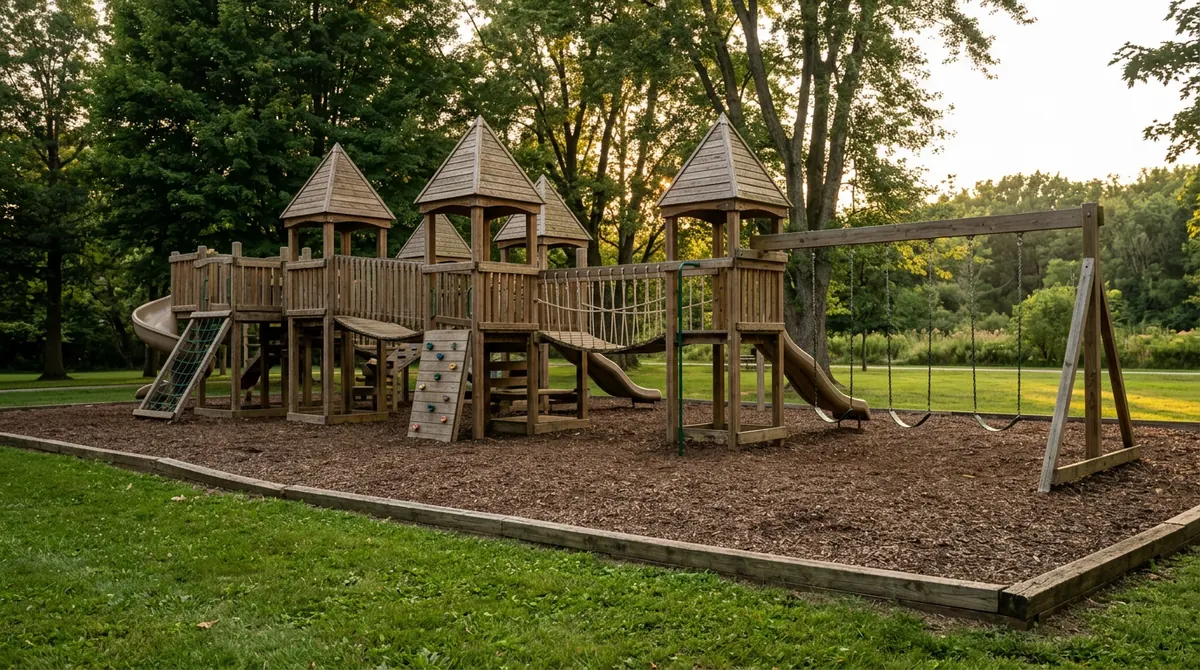 A wooden play system with turrets, bridges and swings on a mulch bed, soft evening light
