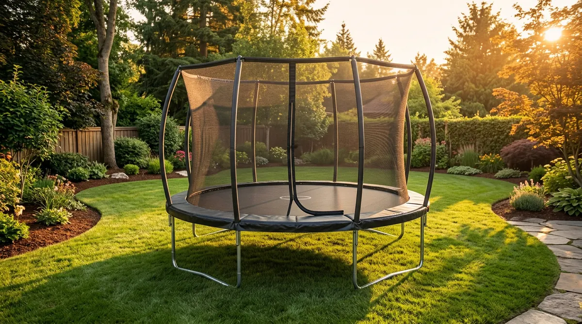 A round trampoline with a flexible enclosure on a landscaped lawn, golden hour