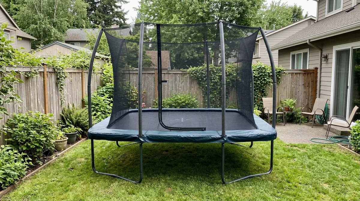 A square trampoline with a flexible enclosure in a smaller backyard, soft light