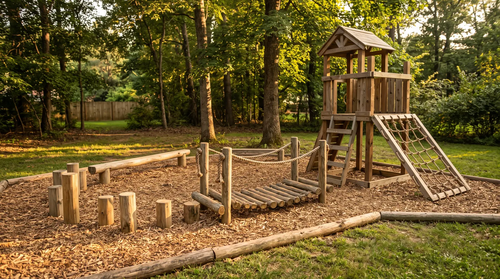 Backyard Adventure Course With Wooden Obstacles | Music City Playgrounds A backyard adventure course with wooden balance beams, a rope net climb, stepping posts, a log bridge and a small tower on a mulch bed, golden hour