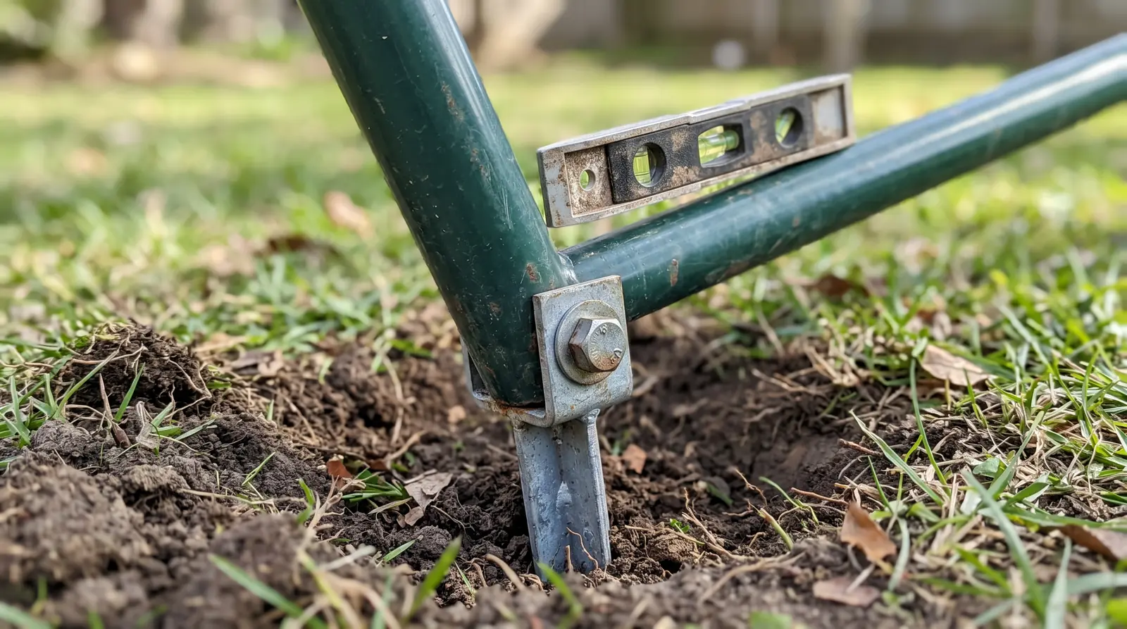 A close-up of a swing set leg with a steel ground anchor, a heavy bolt and a level resting on the frame, soil and grass around, shallow depth of field