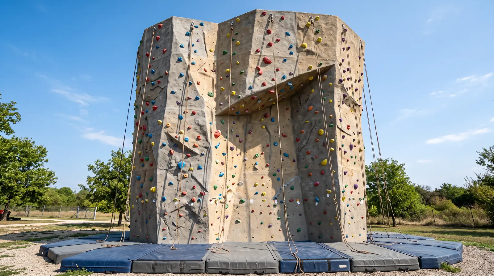 A tall outdoor climbing wall with colorful textured holds, a rope and a padded landing bed at its base, bright blue sky, empty