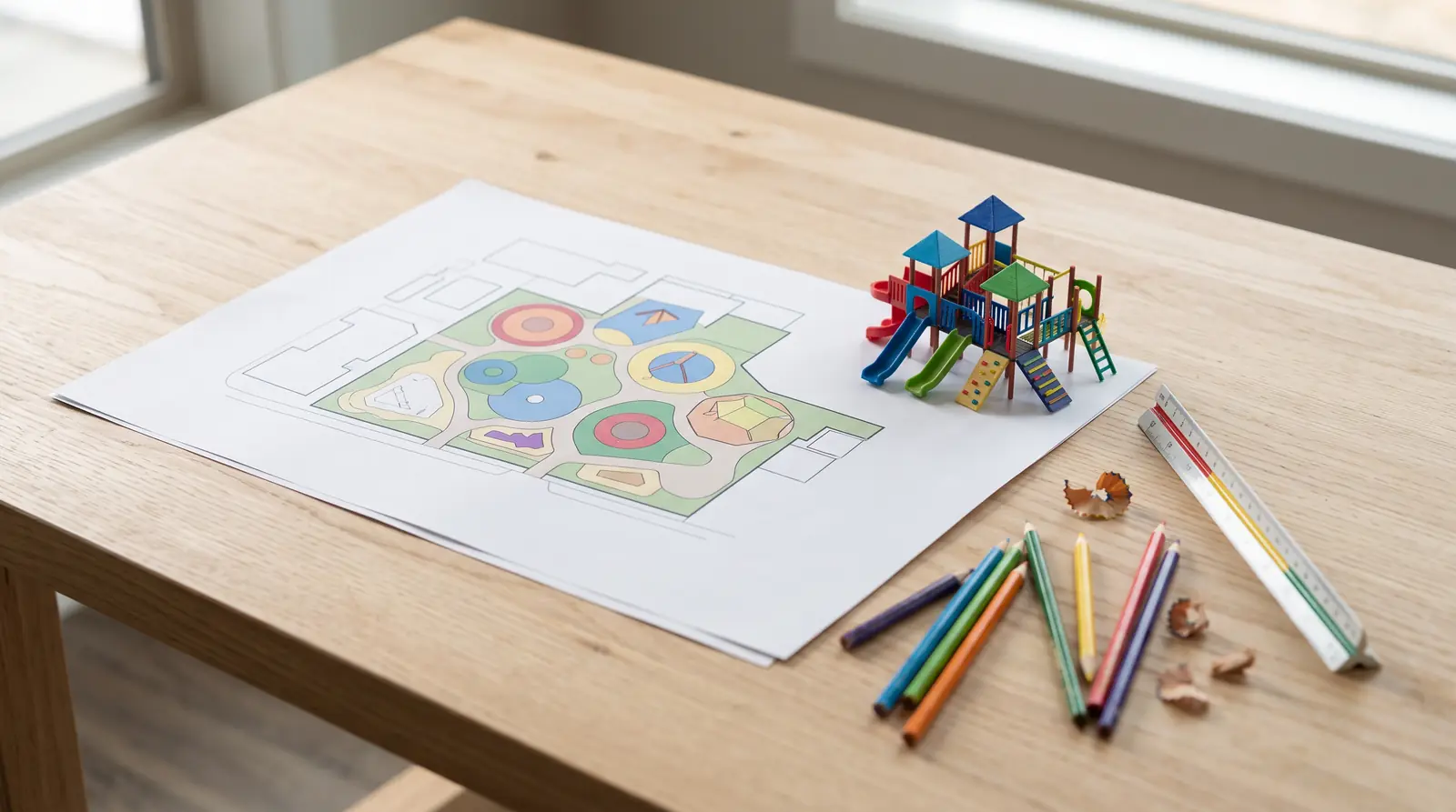 A clean table with a printed playground site plan showing only shapes, a small colorful scale model of a play structure, a scale ruler and colored pencils, soft window light