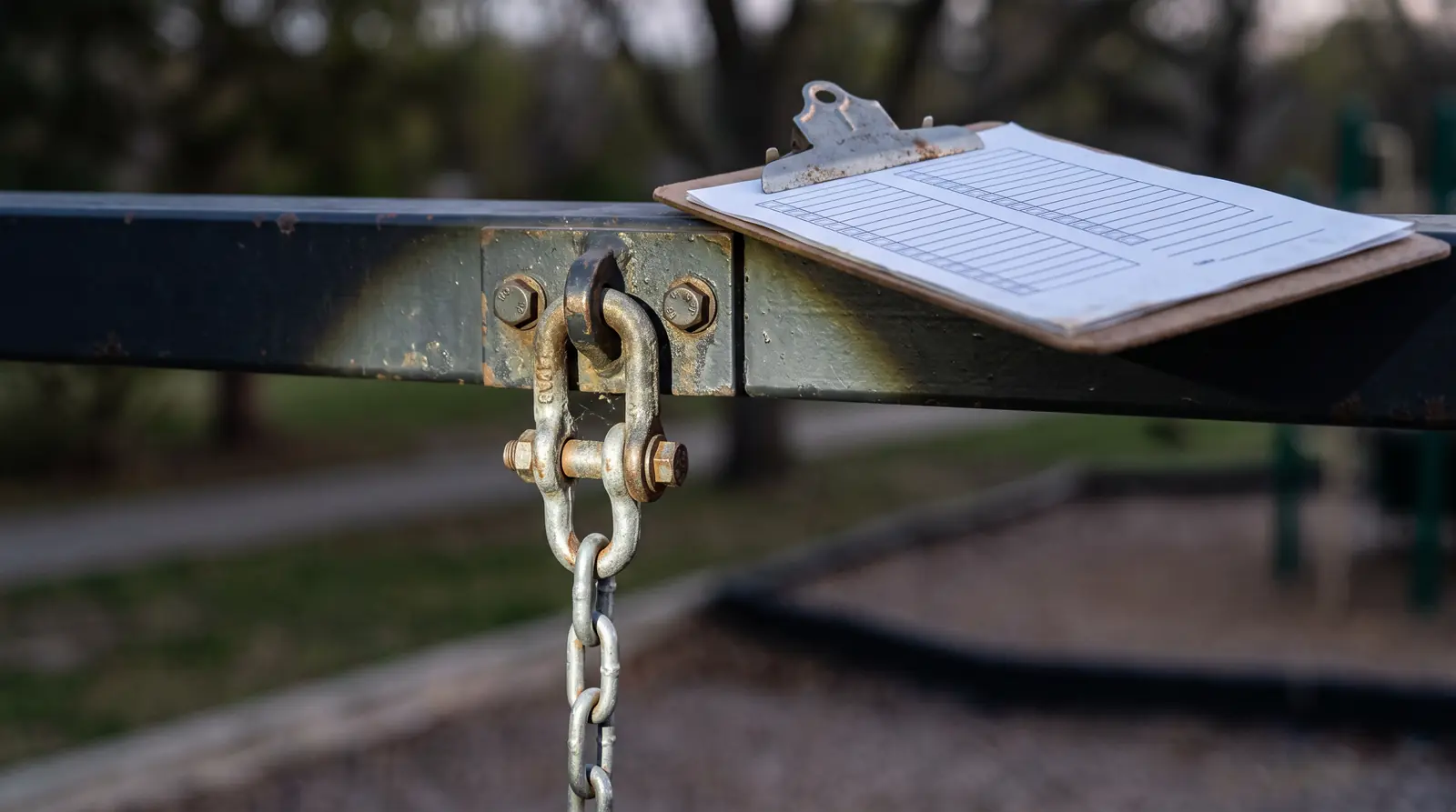 Inspecting a Playground Swing Hanger | Music City Playgrounds A close-up of a commercial swing hanger and chain with a flashlight beam and a clipboard with a blank checklist resting on the frame, shallow depth of field, no hands visible