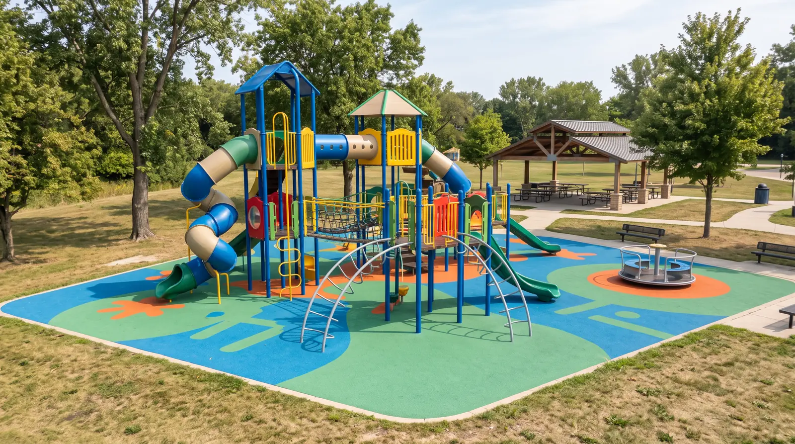 Commercial Playground in a Community Park | Music City Playgrounds A vibrant commercial playground in a community park with a large multi-level steel and plastic play structure, tube slides, climbers and a spinner on bright rubber surfacing, trees and a picnic shelter behind, sunny day