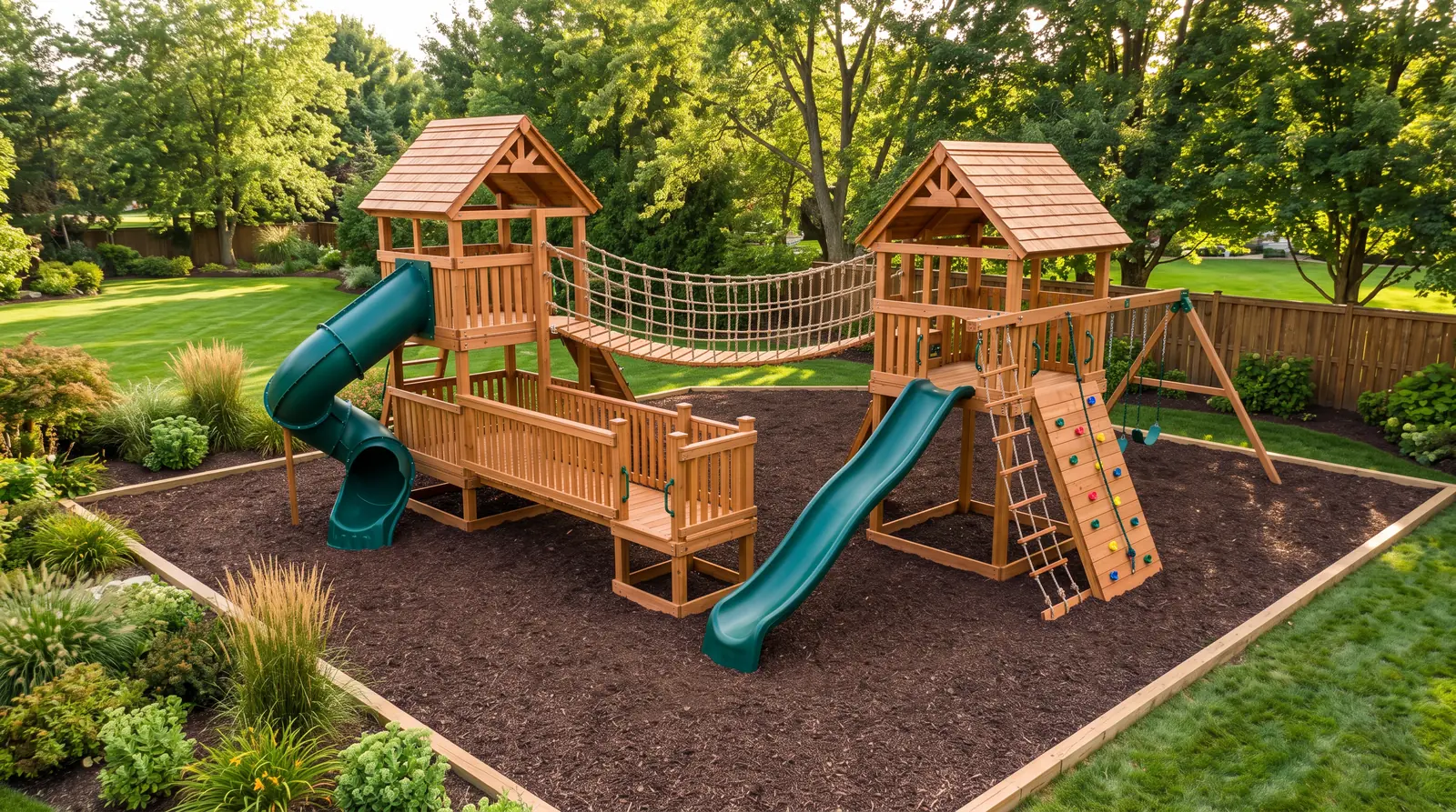 Custom Multi-Level Play System | Music City Playgrounds A large custom multi-level cedar play system with two towers, a rope bridge between them, a tube slide, a wave slide, a rock wall and a bridge, on a neat mulch bed with landscaping