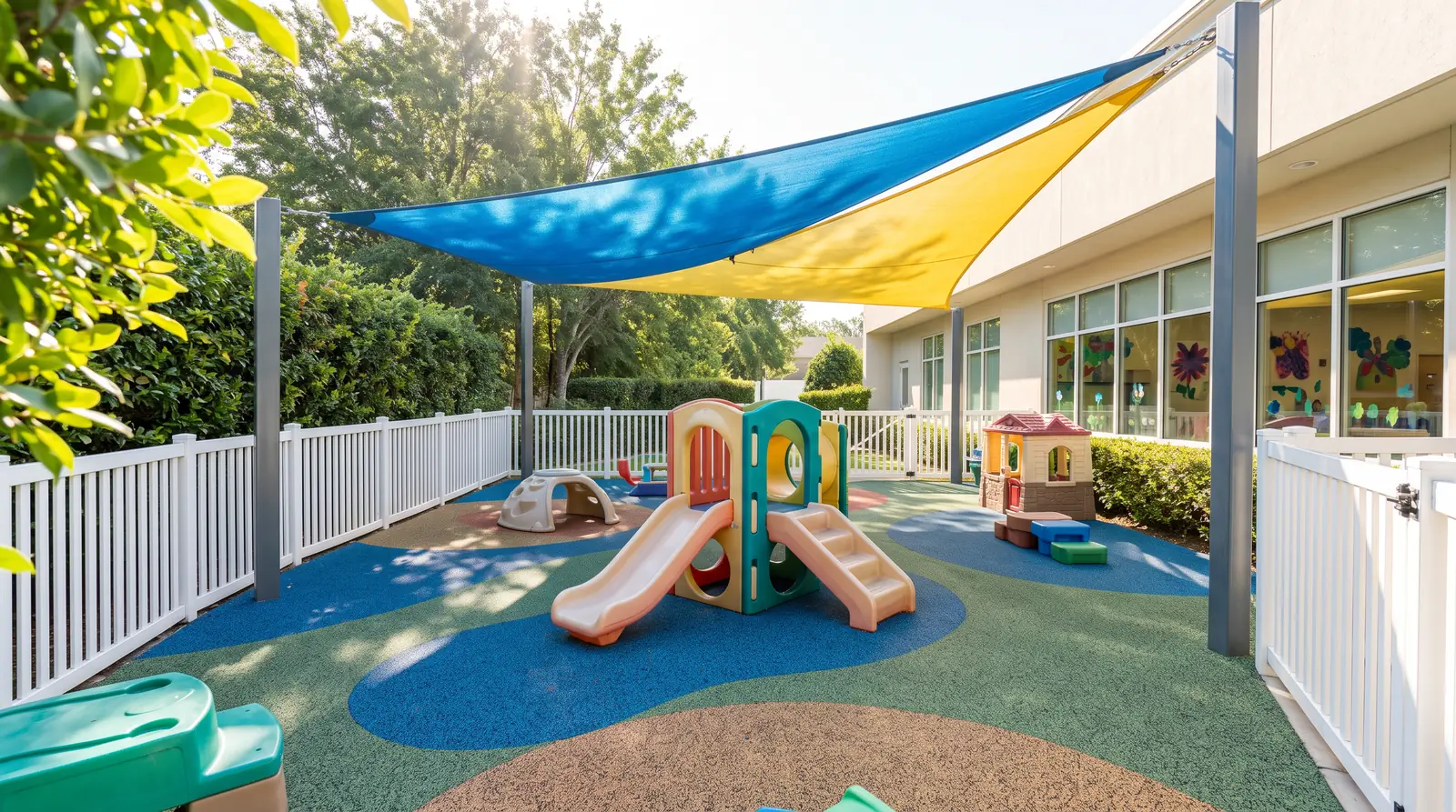 Daycare Playground With a Fenced Play Yard | Music City Playgrounds A small fenced daycare play yard with a toddler-height play structure, a low slide, a mini climber, soft rubber surfacing and a shade canopy, bright cheerful light, empty