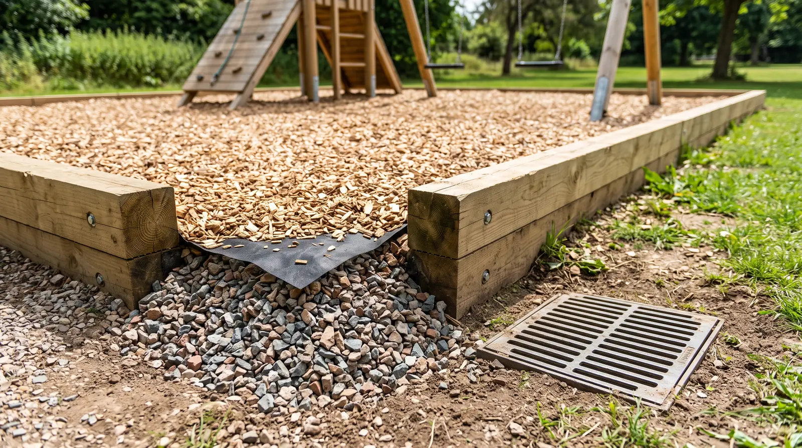 A neat timber border around a playground bed with a gravel drainage layer visible at a cut-away corner and a drain grate nearby, bright light