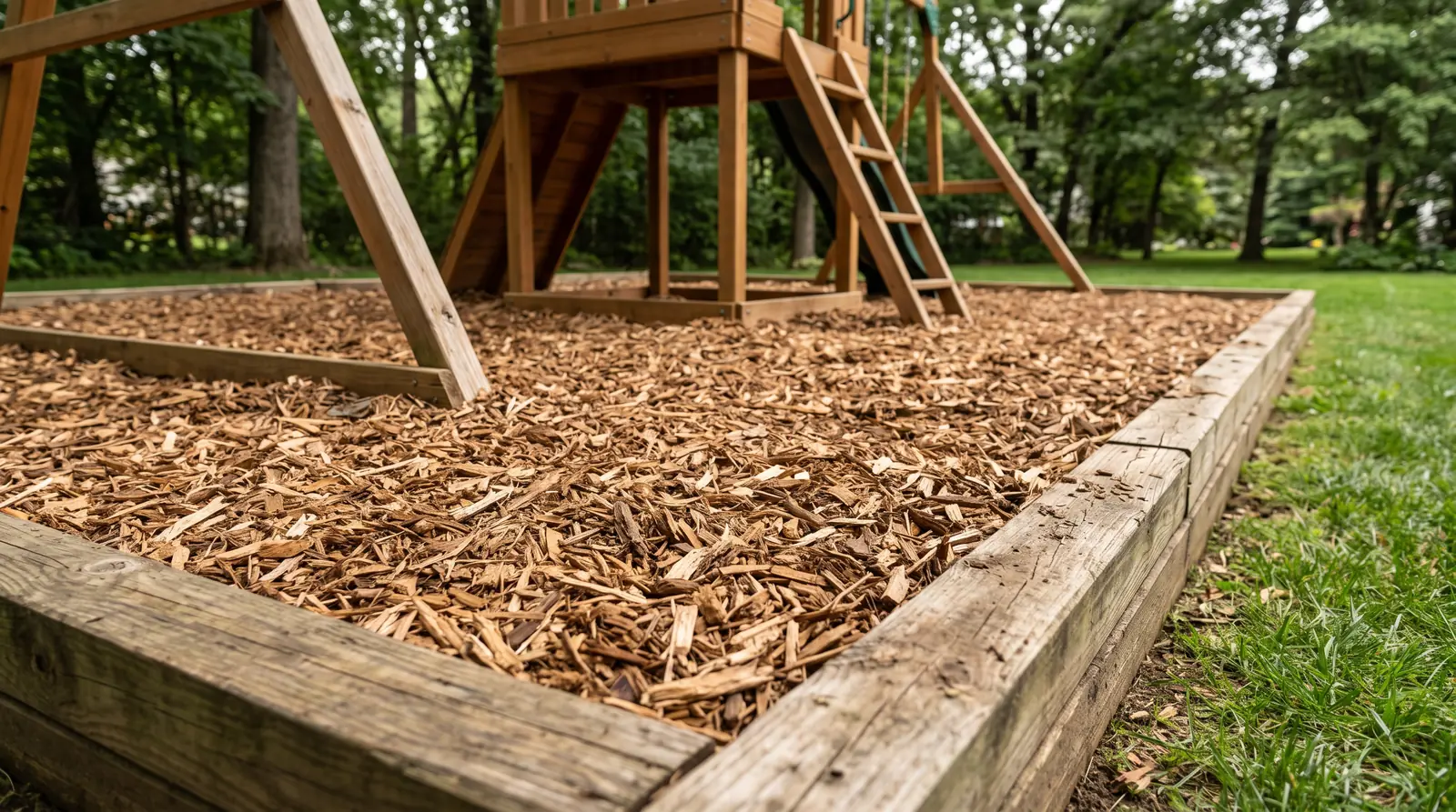 Engineered Wood Fiber Surfacing | Music City Playgrounds A deep bed of engineered wood fiber chips in warm brown under a wooden playset, a timber border around it, soft light, shallow depth of field