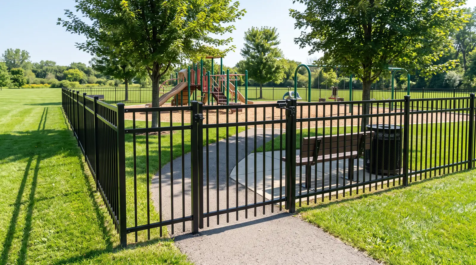 A black aluminum playground fence with a self-closing gate around a play area, a bench and a trash can just inside, green lawn, bright day
