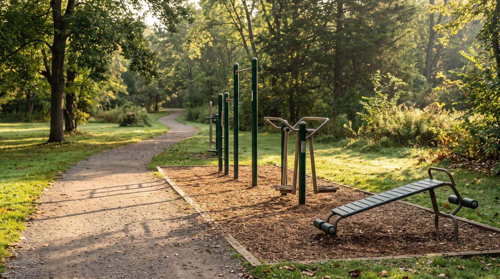 A row of outdoor fitness equipment stations including a pull-up bar, a leg press and a sit-up bench along a park trail with trees, morning light, empty