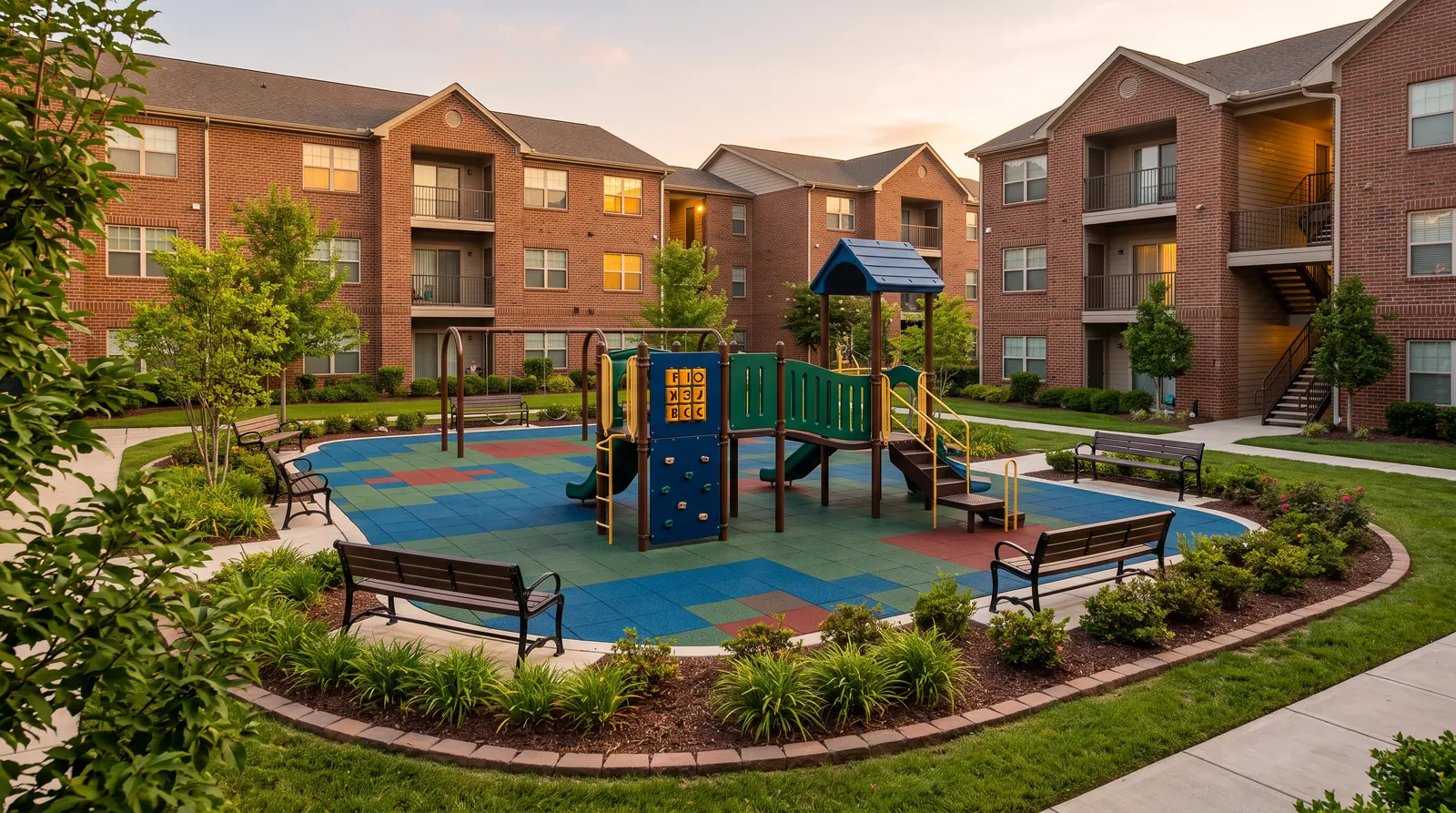 Apartment Community Playground | Music City Playgrounds A neat playground in an apartment community courtyard with a commercial play structure, benches, bright rubber surfacing, landscaping and brick buildings behind, evening light