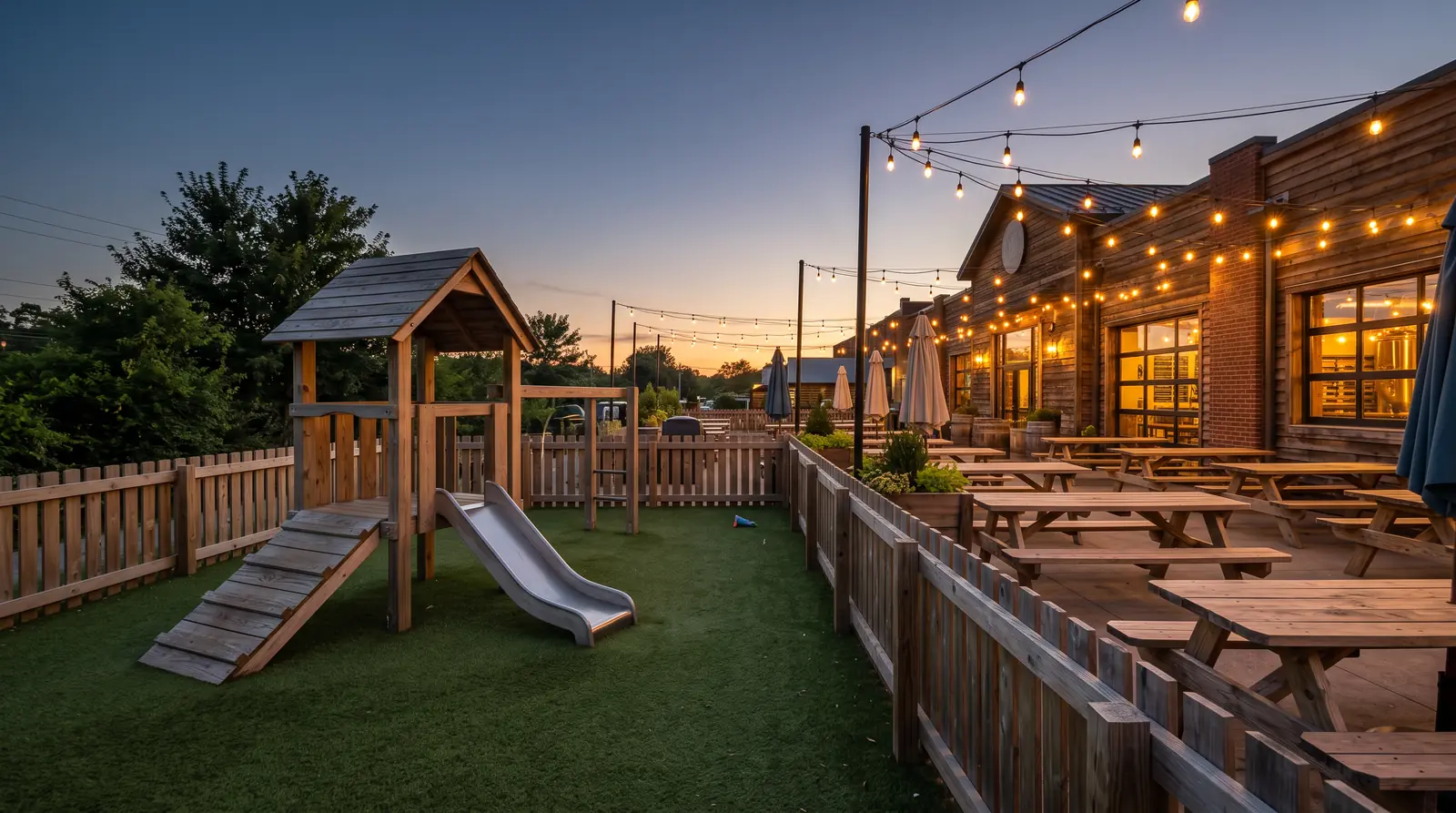 An outdoor play area beside a restaurant or brewery patio with string lights, picnic tables, a small wooden play structure and artificial turf, dusk light, empty