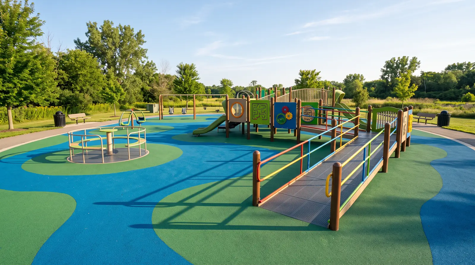 Inclusive Playground With Ramps and Sensory Panels | Music City Playgrounds An inclusive playground with a wide ramp leading to a raised deck, sensory panels, an accessible spinner and soft poured rubber surfacing in blue and green, sunny day, empty