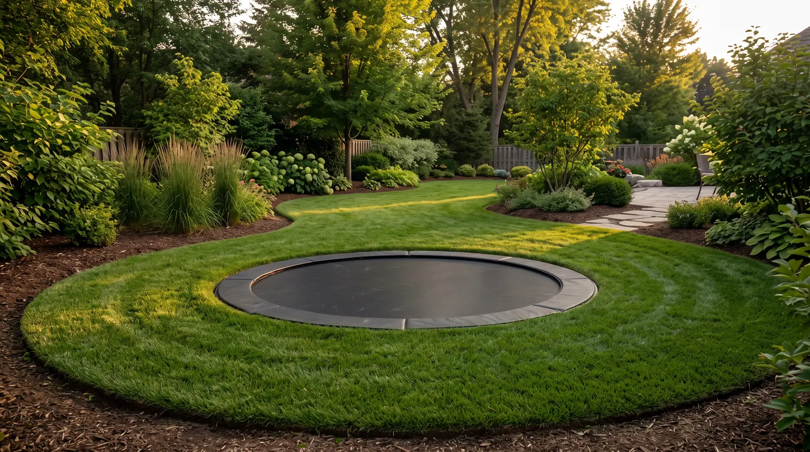 An in-ground trampoline set flush with the lawn with a neatly trimmed edge and surrounding landscaping, soft evening light, empty
