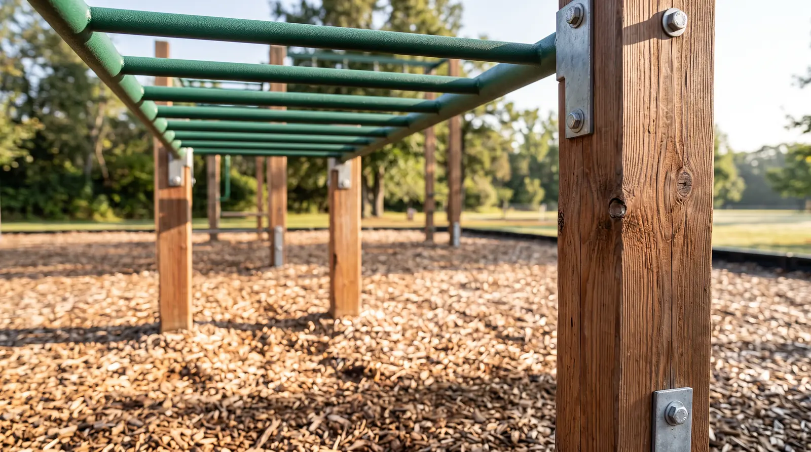A row of steel monkey bars with powder-coated rungs and cedar posts above deep mulch, bright morning light, shallow depth of field