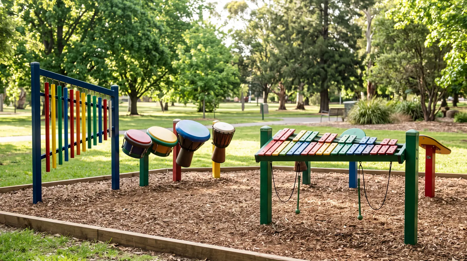 Outdoor Musical Play Instruments | Music City Playgrounds An outdoor musical play area with colorful chimes, large drums and a xylophone made for playgrounds mounted on posts in a green park, bright afternoon light, empty