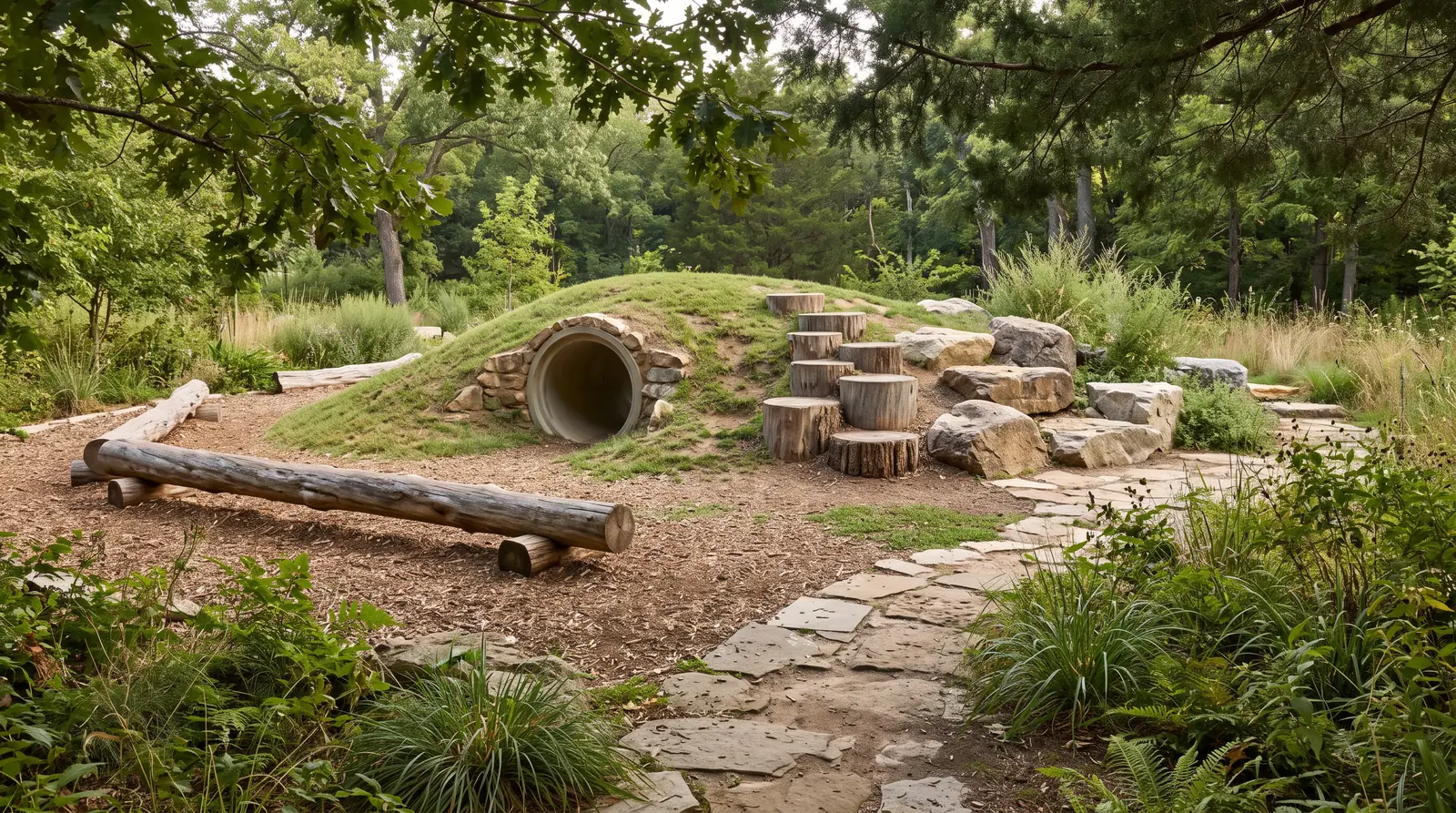 Nature Play Area With Logs and Boulders | Music City Playgrounds A nature play area with natural log steps, climbing boulders, a tunnel in a mounded hill and a balance log, native grasses and a stone path, soft light, empty