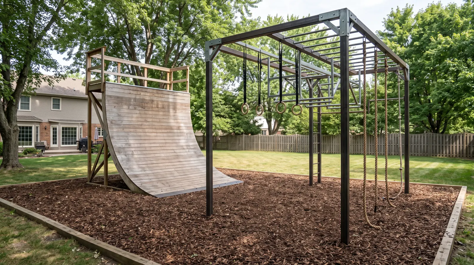 Ninja Warrior Obstacle Course | Music City Playgrounds A ninja warrior style obstacle course in a backyard with a warped wall, rings, a tall steel frame with hanging ropes and monkey bars, mulch below, bright daylight
