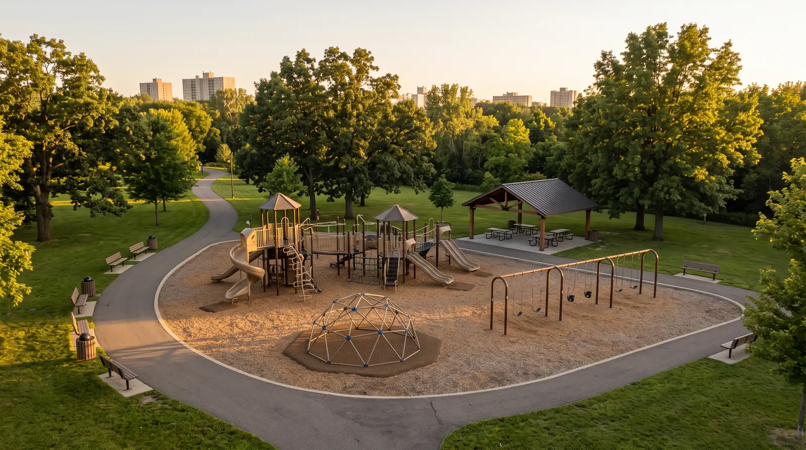 A large city park playground with a multi-level play structure, a climbing dome, swings and a walking path, with a pavilion and tall trees, golden hour light, empty