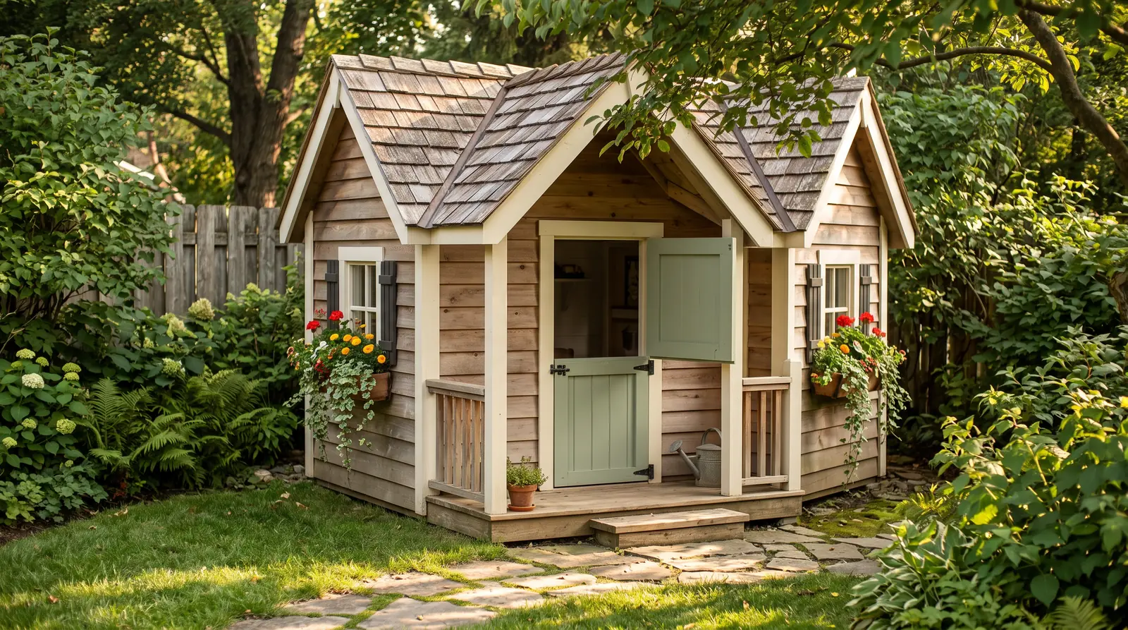 Cottage-Style Playhouse With Flower Boxes | Music City Playgrounds A charming cottage-style wooden playhouse with a Dutch door, window flower boxes with real flowers, a shingled roof and a little porch in a garden, soft afternoon light