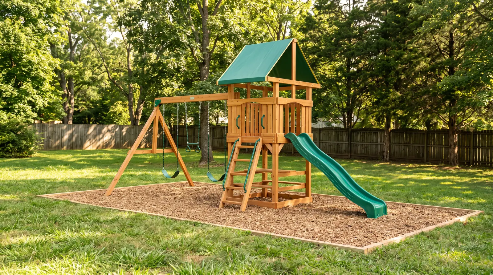 Wooden Playset With Fort and Slide | Music City Playgrounds A wooden playset with an elevated fort, a green roof, a straight slide, a ladder and two swings freshly assembled in a Tennessee backyard, bright afternoon light