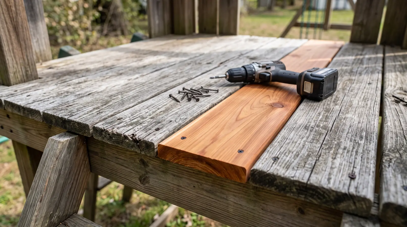 Replacing a Weathered Board on a Playset | Music City Playgrounds A close-up of a playset deck where one weathered gray board has been replaced by a fresh cedar board, a drill and screws beside it, bright daylight, shallow depth of field