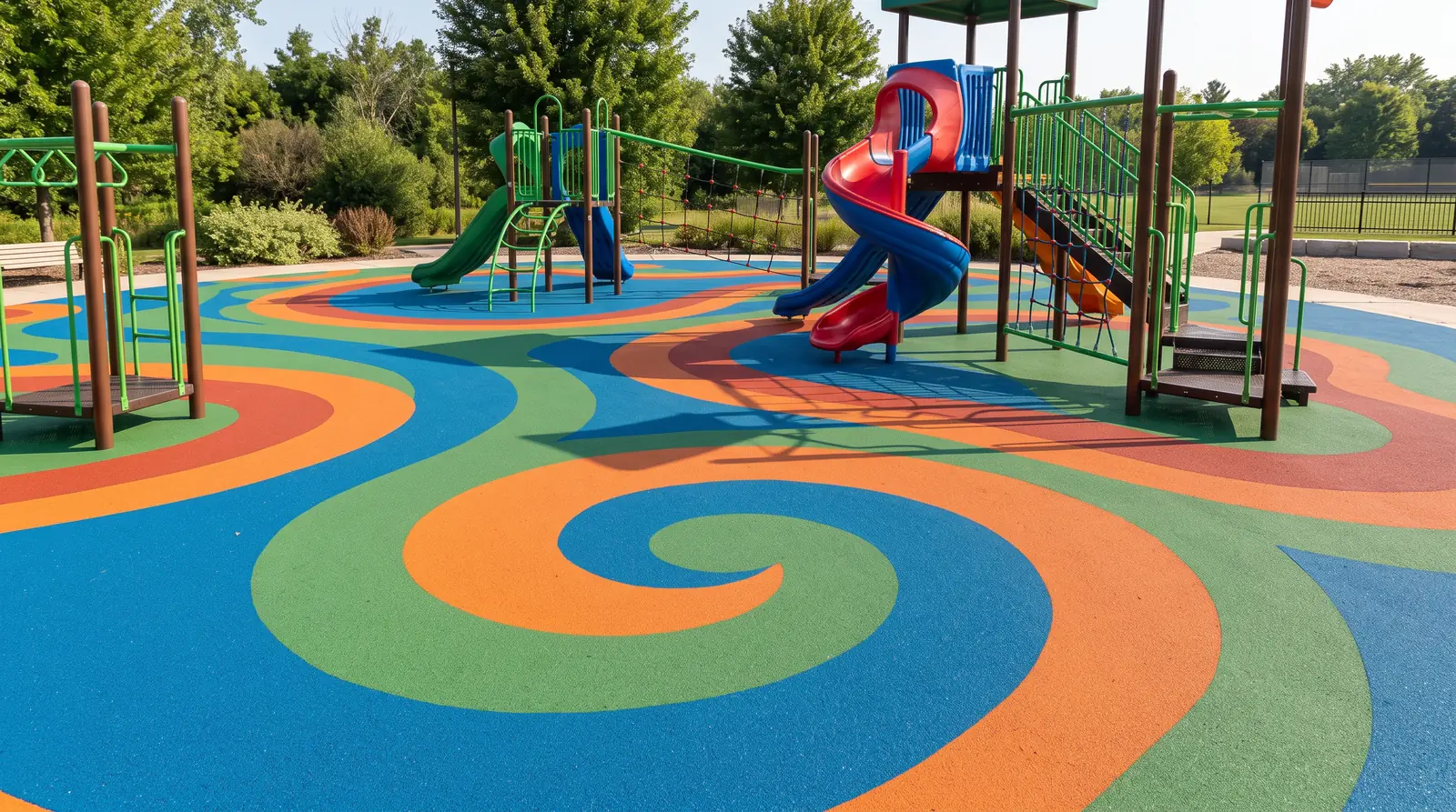 A seamless poured-in-place rubber surface in blue, green, orange and red swirling shapes under a play structure, smooth texture, bright daylight