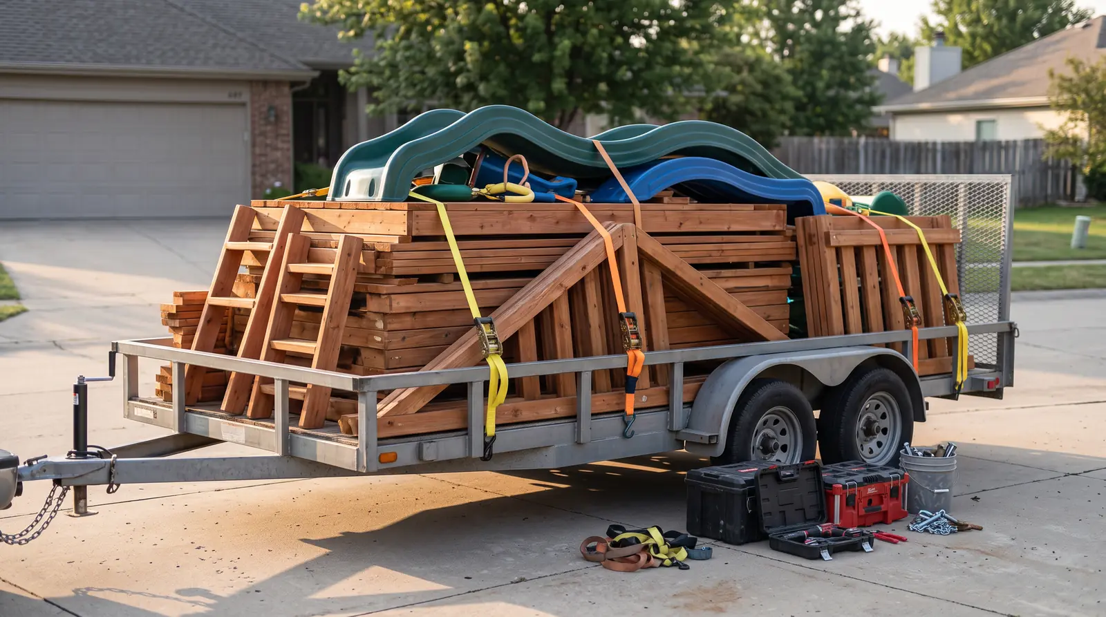 Playset Sections Stacked for a Move | Music City Playgrounds Neatly stacked cedar playset sections, ladders and slides on a flat trailer in a driveway, ready to be moved, with straps and tools beside them, soft morning light