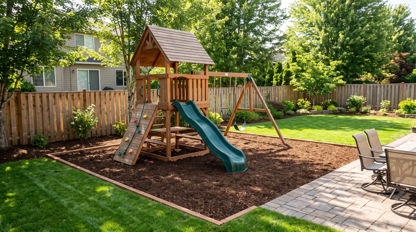 A beautiful residential backyard playground with a cedar fort, a slide, two swings and a rock wall on fresh mulch beside a patio, bright sunny day, tidy lawn, wood fence