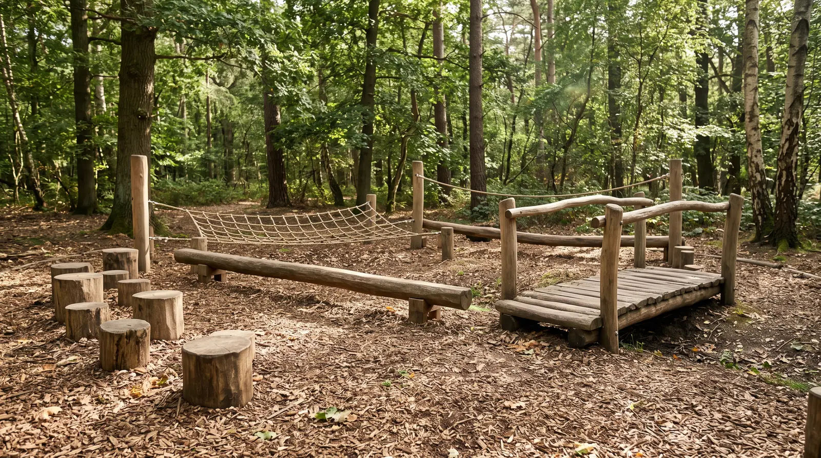 A low rope and balance course with tightrope lines, a wobbly bridge and wooden stepping logs among trees, dappled sunlight, mulch below, empty