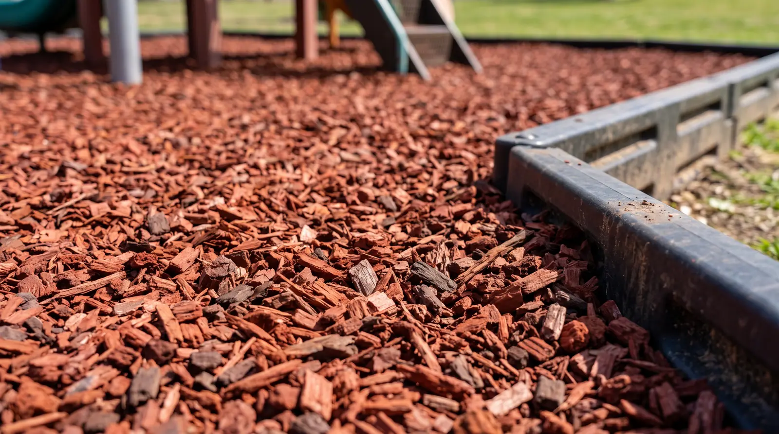 Red Rubber Mulch Under a Play Structure | Music City Playgrounds A close-up of fresh red-brown rubber mulch spread under a play structure with a plastic border, crisp texture, bright daylight, shallow depth of field
