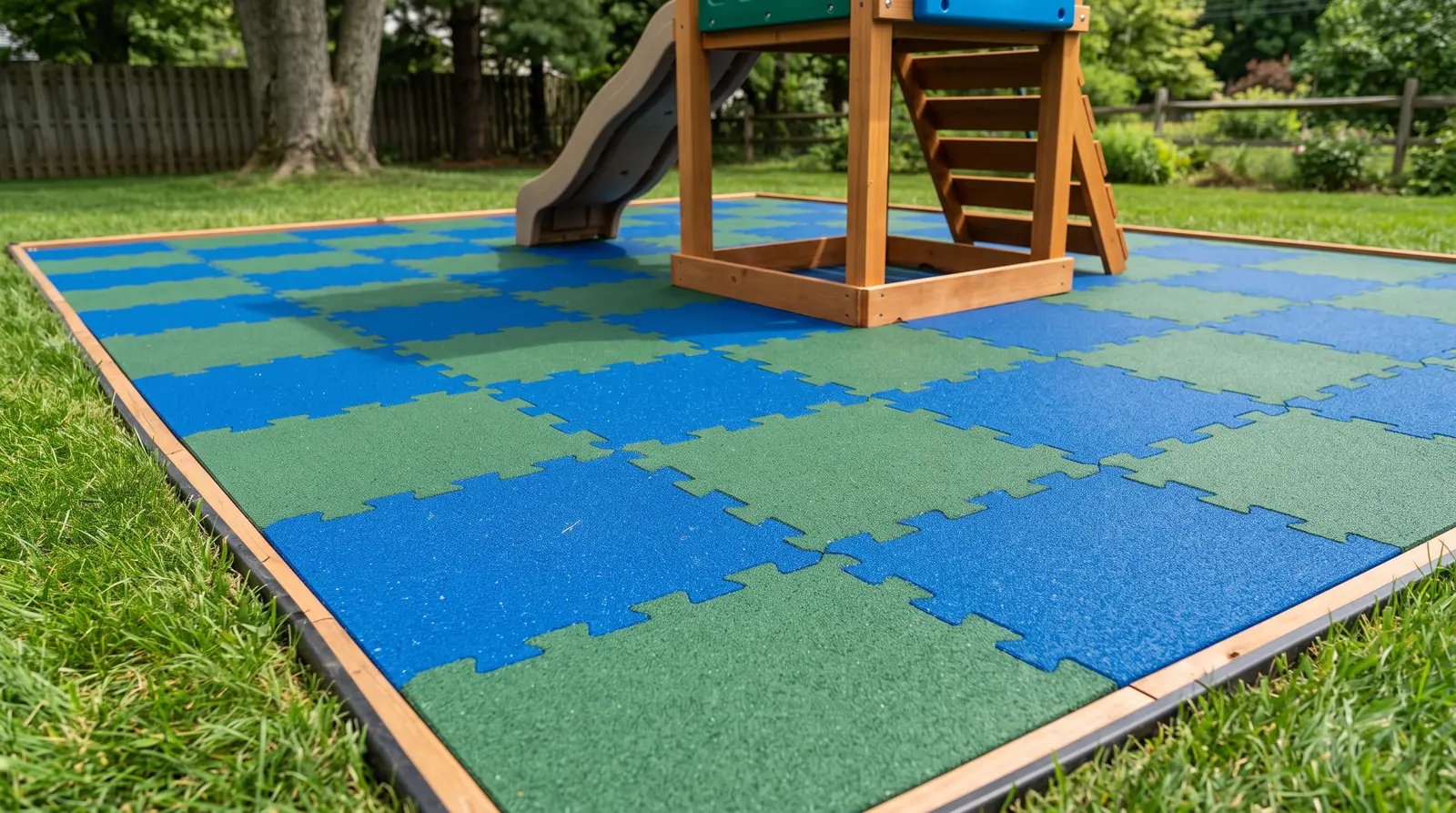 Interlocking blue and green rubber safety tiles laid in a pattern under a small playset with crisp edges, bright daylight