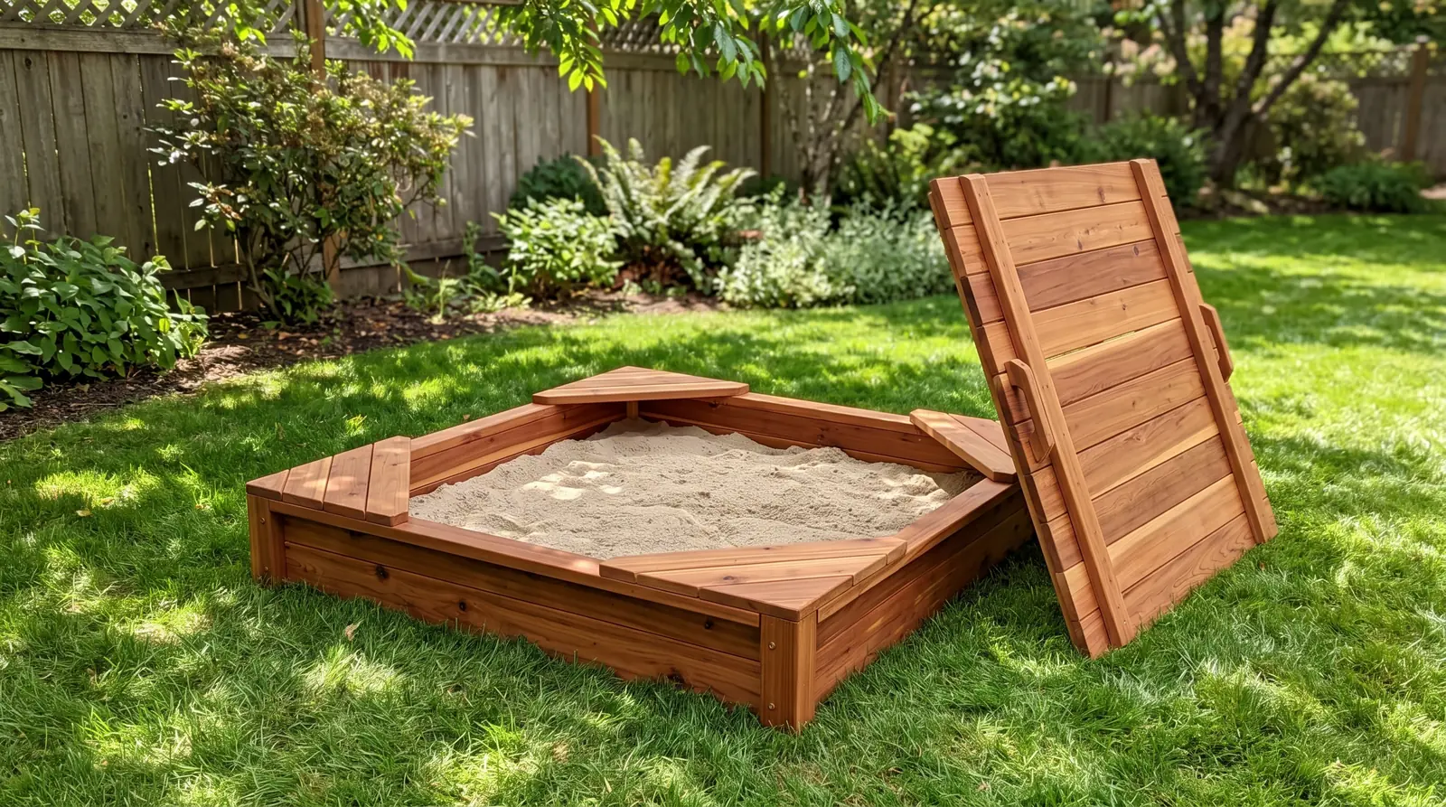 A neat cedar sandbox with built-in corner bench seats and a fitted cover leaning beside it, clean sand, bright garden light