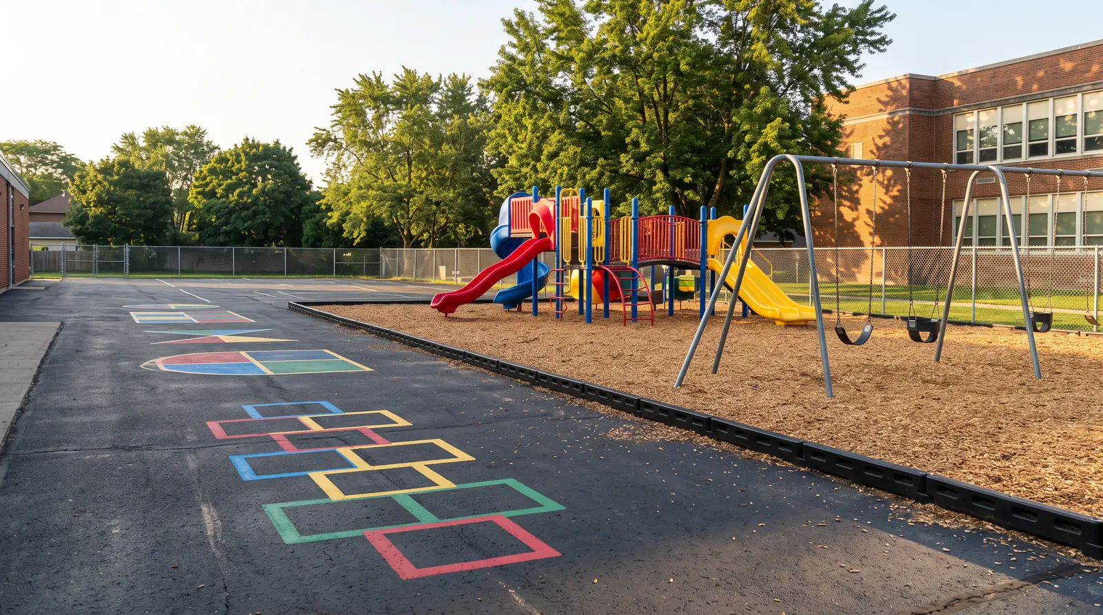 Elementary School Playground | Music City Playgrounds An elementary school playground with a colorful commercial play structure, a swing set with commercial swings, a hopscotch painted on the pavement and a fence, bright morning light, empty