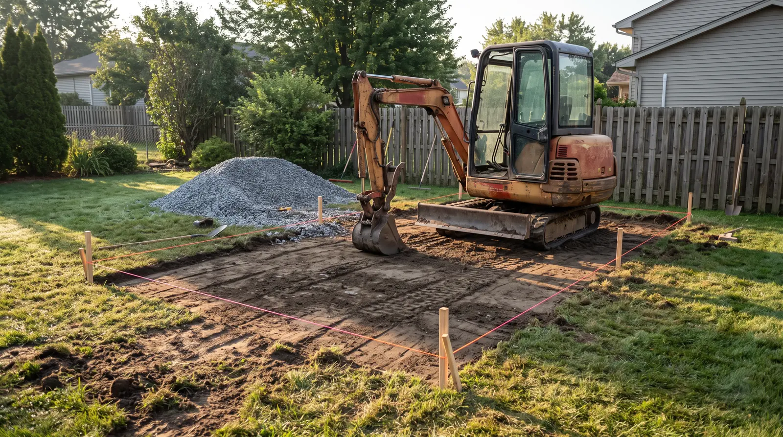 A small excavator grading a level rectangular pad in a backyard with string lines, stakes and a pile of gravel nearby, no operator visible in the cab, morning light