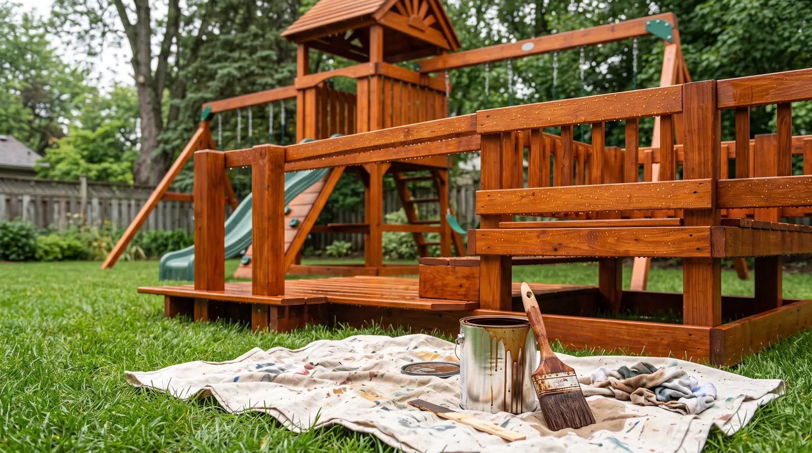 Freshly Stained Cedar Playset | Music City Playgrounds A cedar playset freshly stained in a rich warm tone with a stain brush and an open stain can resting on a drop cloth beside it, water beading on the finished wood
