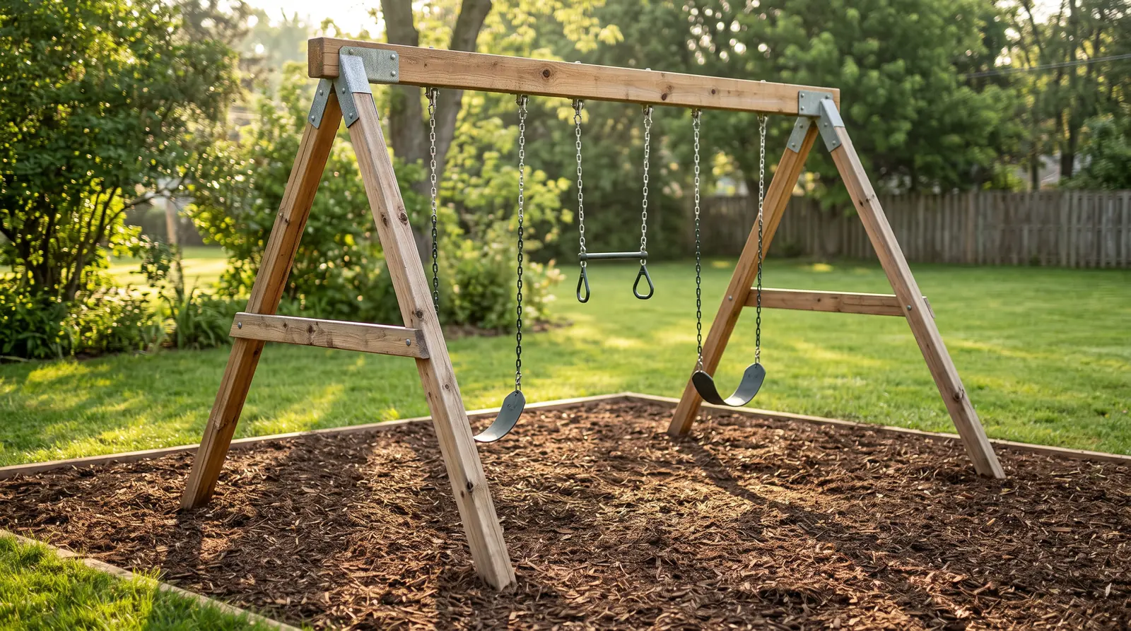 Classic Cedar Swing Set | Music City Playgrounds A classic cedar A-frame swing set with two belt swings and a trapeze bar, galvanized brackets, on fresh mulch in a green yard in bright morning light