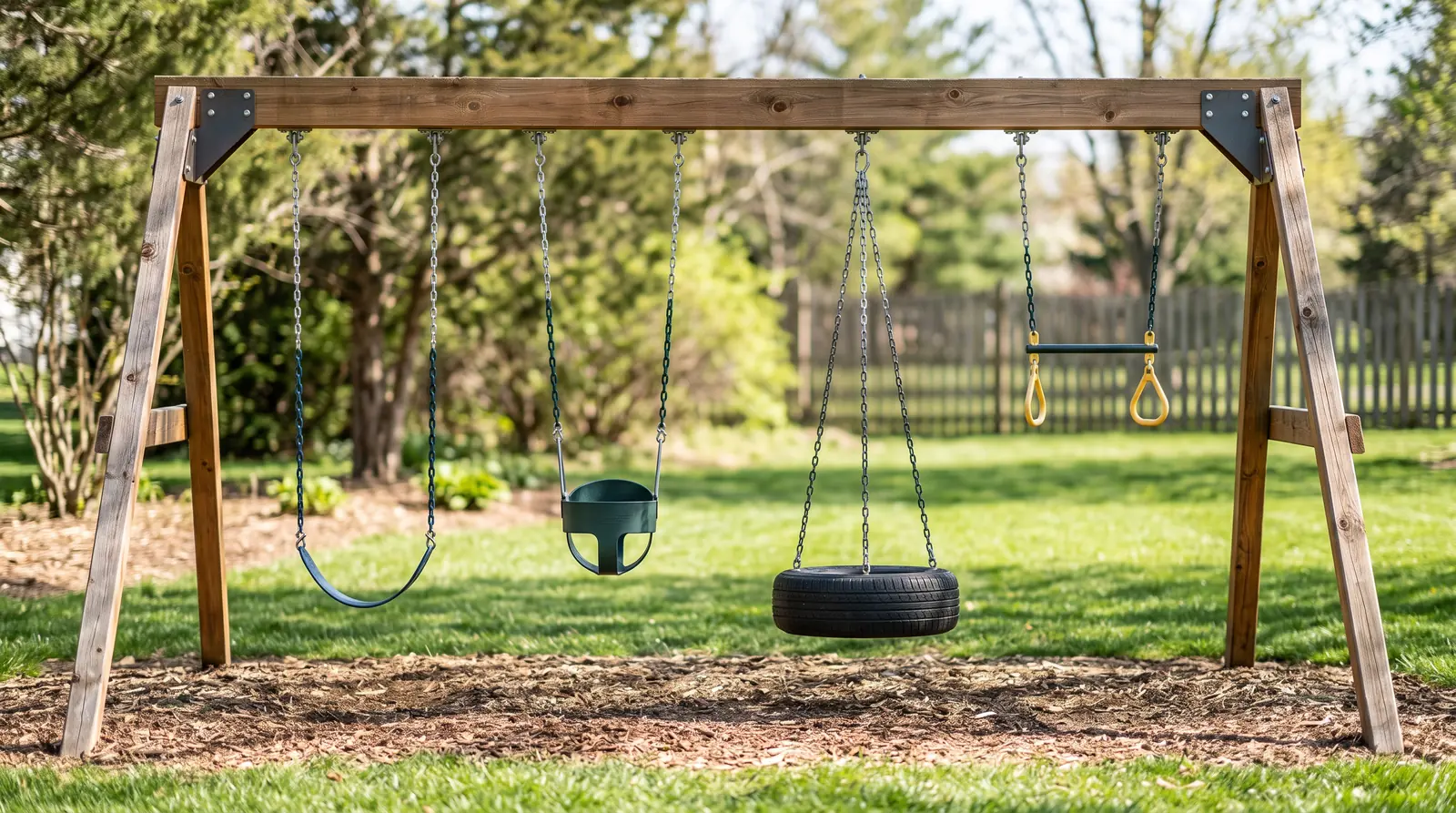A cedar swing beam with four different swing seats hanging side by side: a belt swing, a bucket seat, a tire swing and a trapeze bar with rings, bright daylight, shallow depth of field