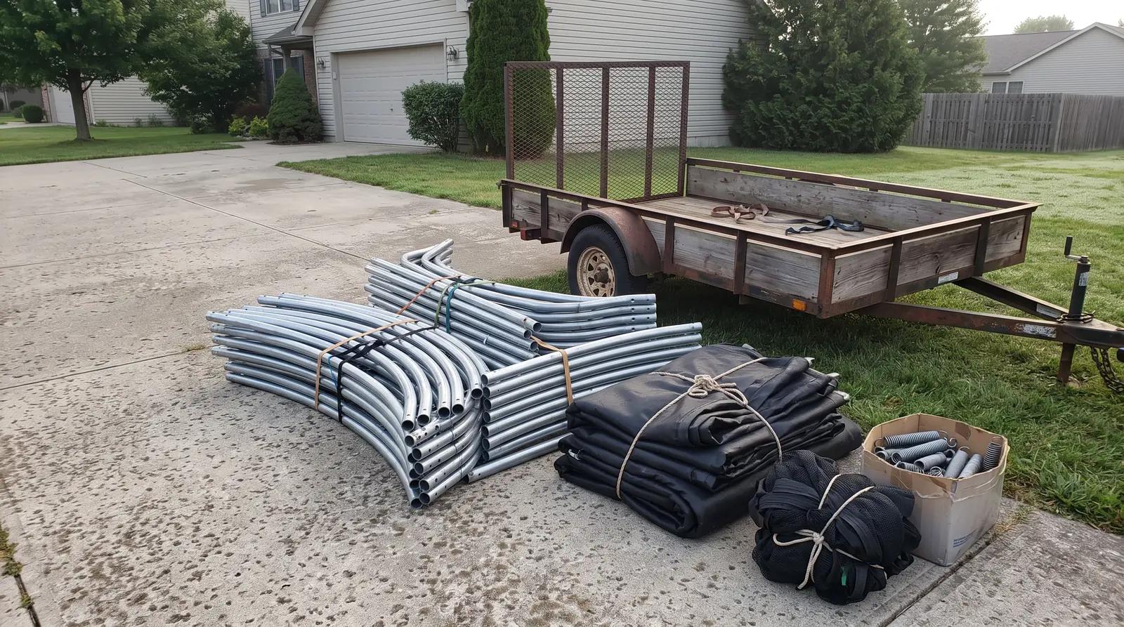Trampoline Disassembled for Moving | Music City Playgrounds Trampoline frame sections, mat and net neatly bundled on a driveway beside a trailer, soft morning light