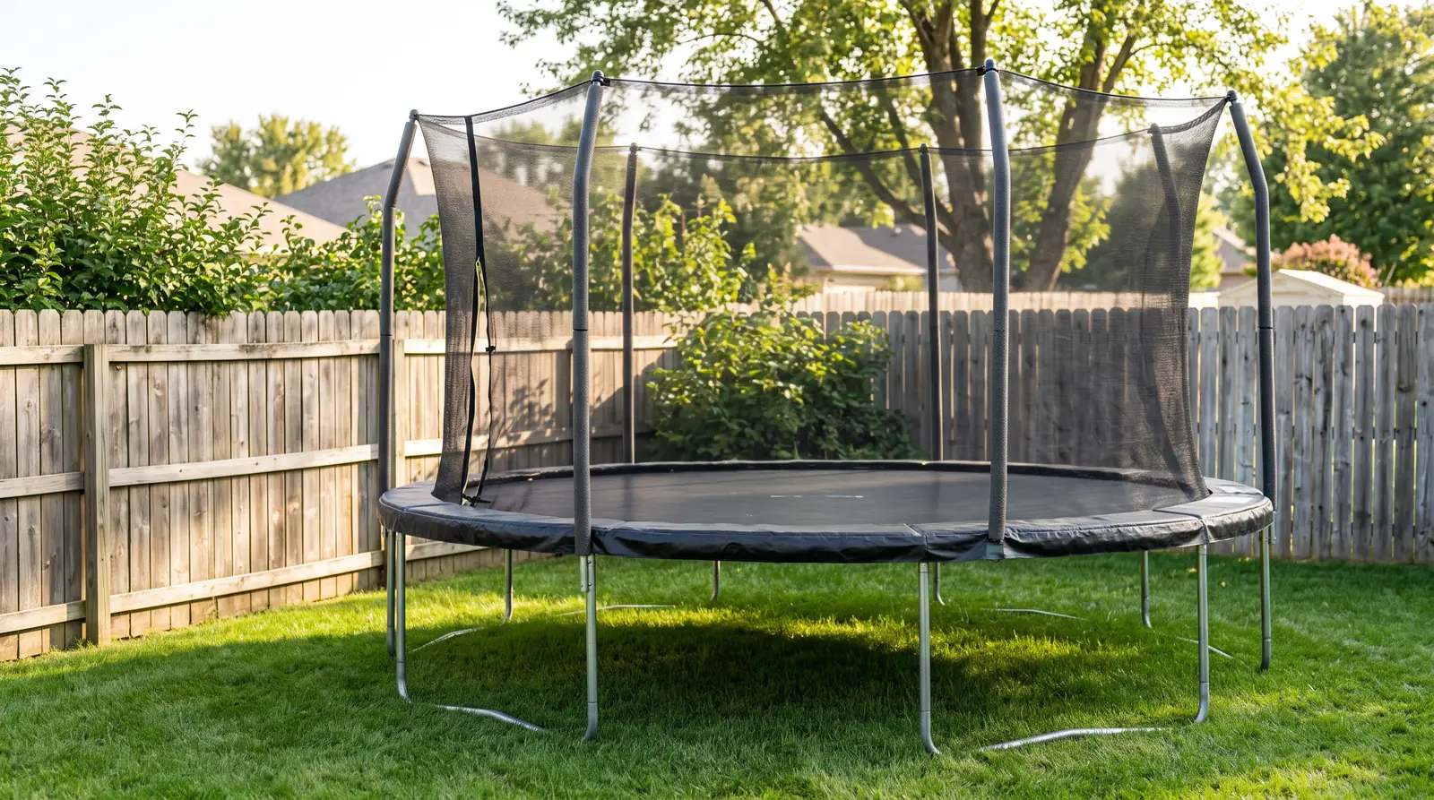 Trampoline With a Safety Net in a Green Yard | Music City Playgrounds A round trampoline with a black safety net enclosure and padded poles in a neat green backyard beside a wooden fence, bright afternoon light, crisp detail