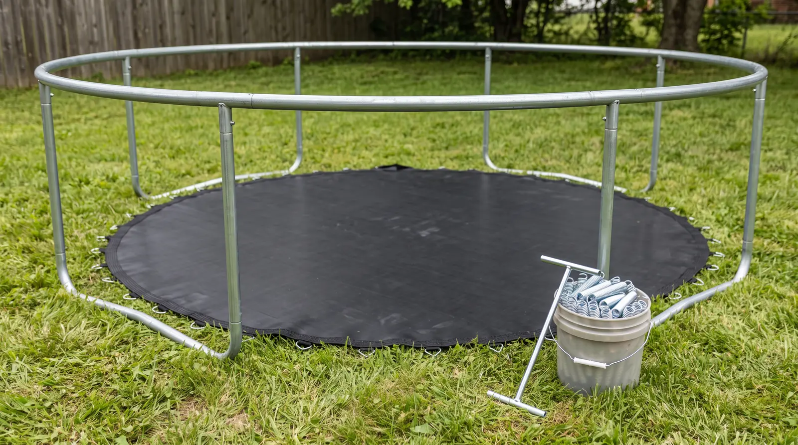 Replacing a Trampoline Mat | Music City Playgrounds A trampoline frame with a new black jumping mat laid out and fresh springs in a bucket beside it, a spring tool, bright daylight, no people visible