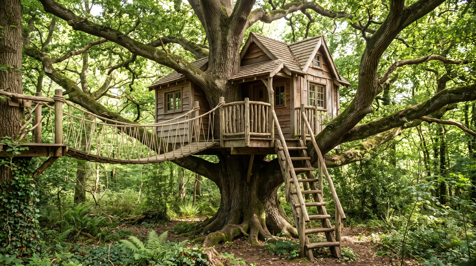 Treehouse Built Around a Mature Oak | Music City Playgrounds A beautiful wooden treehouse built around a large mature oak tree with a rope bridge, a ladder and a small deck, dappled sunlight through green leaves
