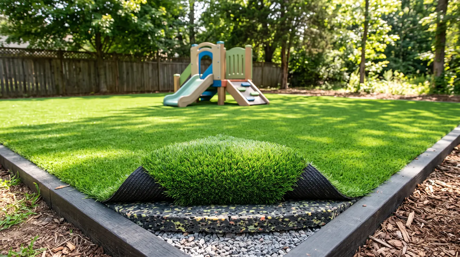 Playground Turf With a Shock Pad | Music City Playgrounds A lush green artificial turf play area with a visible corner showing the foam shock pad underneath, a small play structure and neat edging, bright sunny day