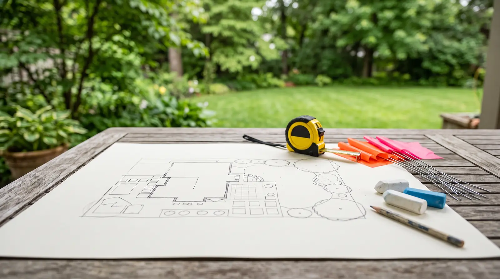 Backyard Layout Sketch Beside a Real Yard | Music City Playgrounds A clean outdoor table with a hand-drawn site plan of a backyard showing only simple lines and shapes, a tape measure, marking flags and chalk, with a real green backyard blurred behind